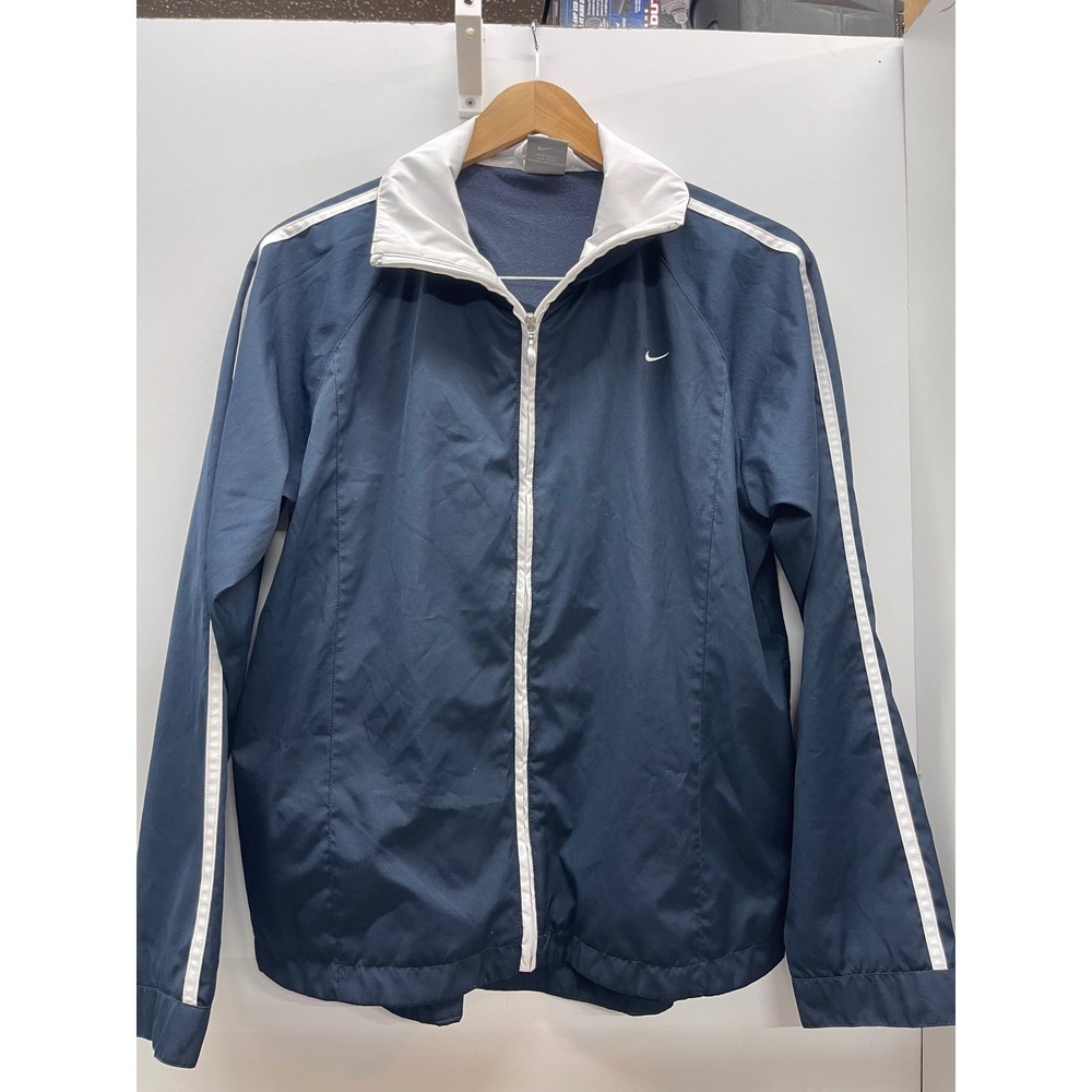 Nike Womens Track Jacket Navy Blue White Full Zip Windbreaker L 12-14 Grey Tag
